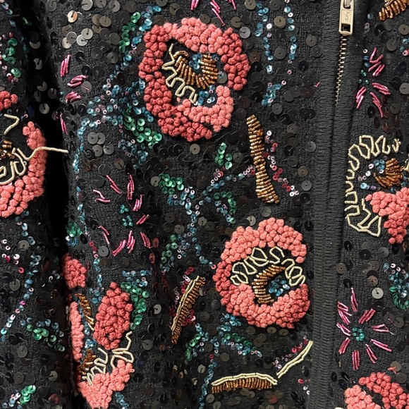 Maje Black Bomber Jacket with Pink Floral Beading - Picture 5 of 6